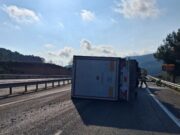 Caos a la C-25: bolca un camió amb porcs i talla la via prop d’Igualada